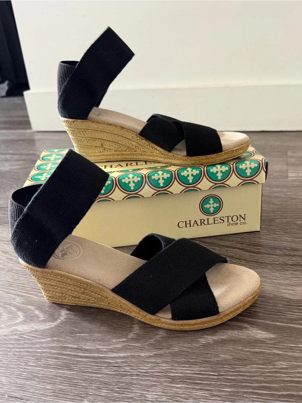 Charleston Shoe Co, Cannon Wedge Sandals, size 6, black, new in box!